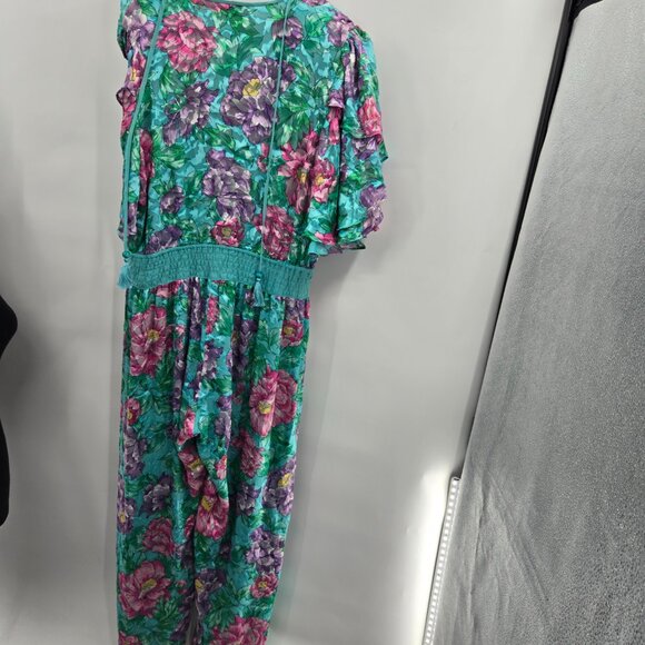 Vintage Diane Freis Green Tropical Rayon Silk Tassels 80s Jumpsuit XL (See Meas) - Picture 3 of 16